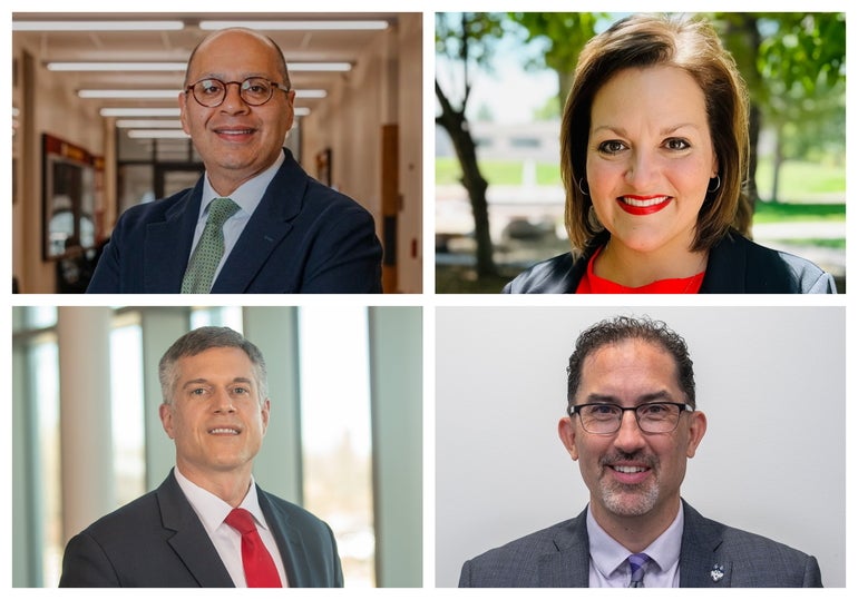  A collage of four headshot photos of the Fitchburg State University presidential finalists, which include one woman and three men