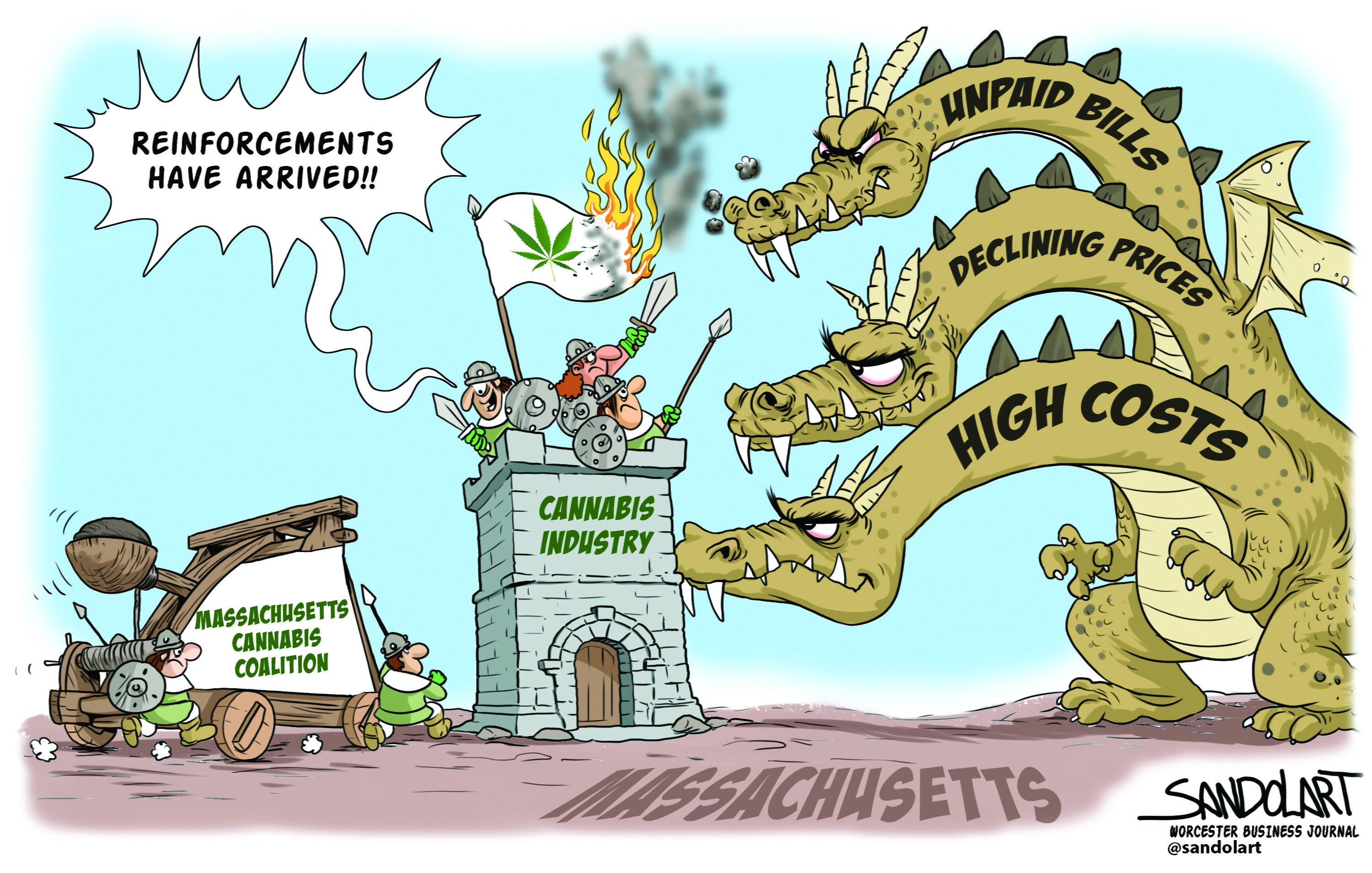 Knights in a tower representing current players in the Massachusetts cannabis industry are reinforced by a new association with a catapult, as they all fight off a three-headed dragon causing the industry problems.