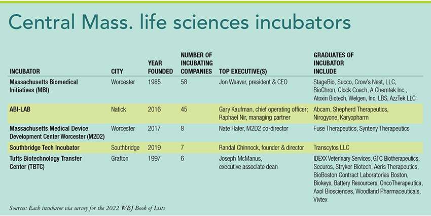 A chart of the Central Massachusetts incubators where Massachusetts Biomedical Initiatives is the leading company with 58 companies incubated. ABI-LAB is second with 45. 