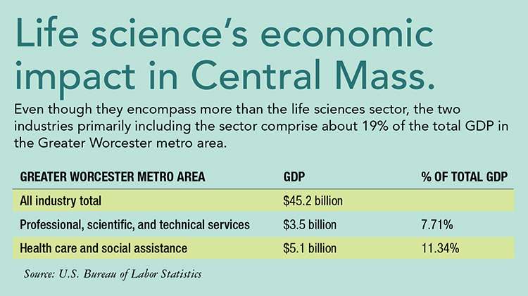 This chart shows that the industry at large contributes $45.2 billion in GDP to the Greater Worcester metro area.