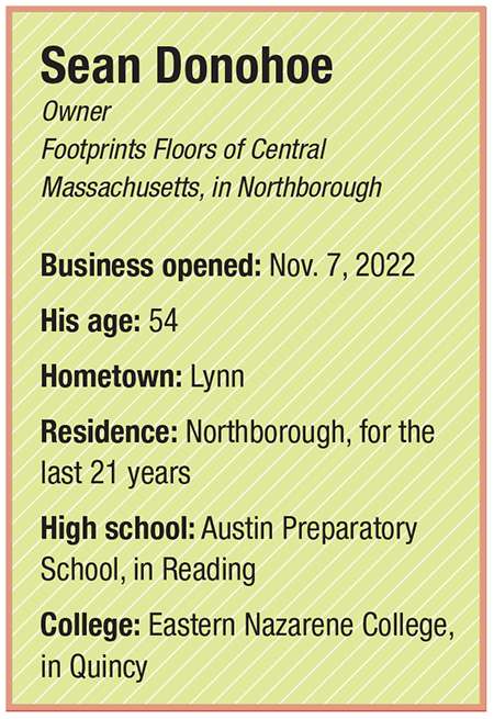 A green box with Sean Donohoe's personal information such as when he opened his business (November 7, 2002) to his age (54) and where he grew up (Lynn).