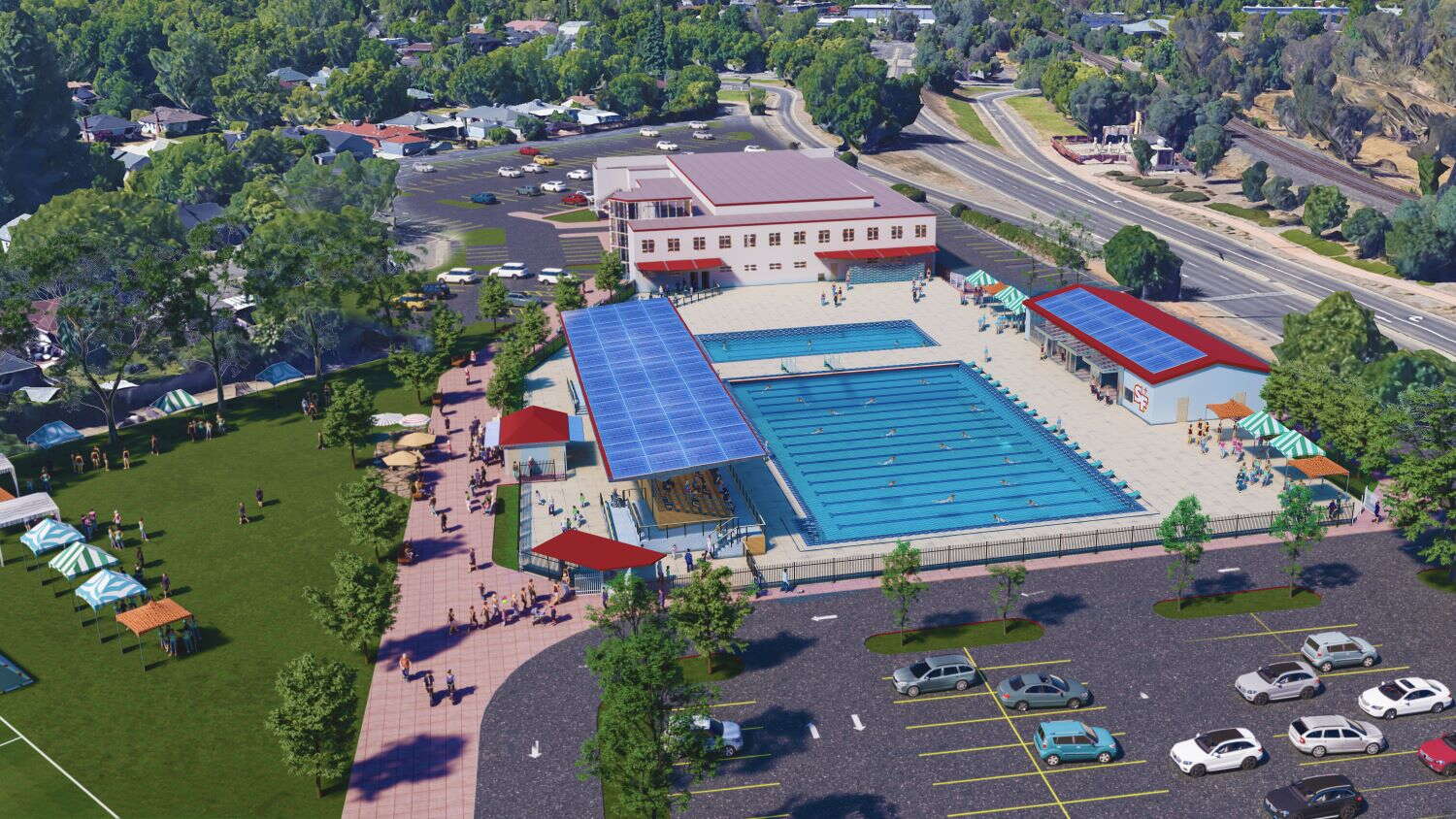 A rendering of a California aquatics center