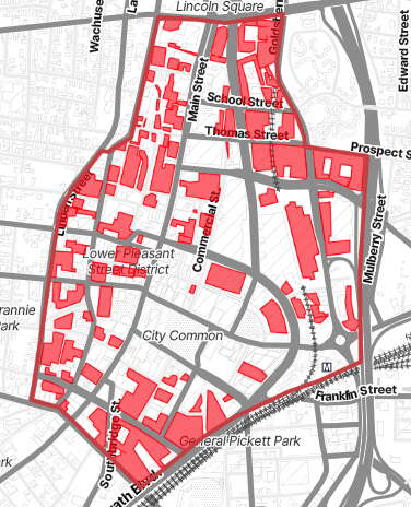 A map of downtown Worcester with red highlights indicating parking infrastucture