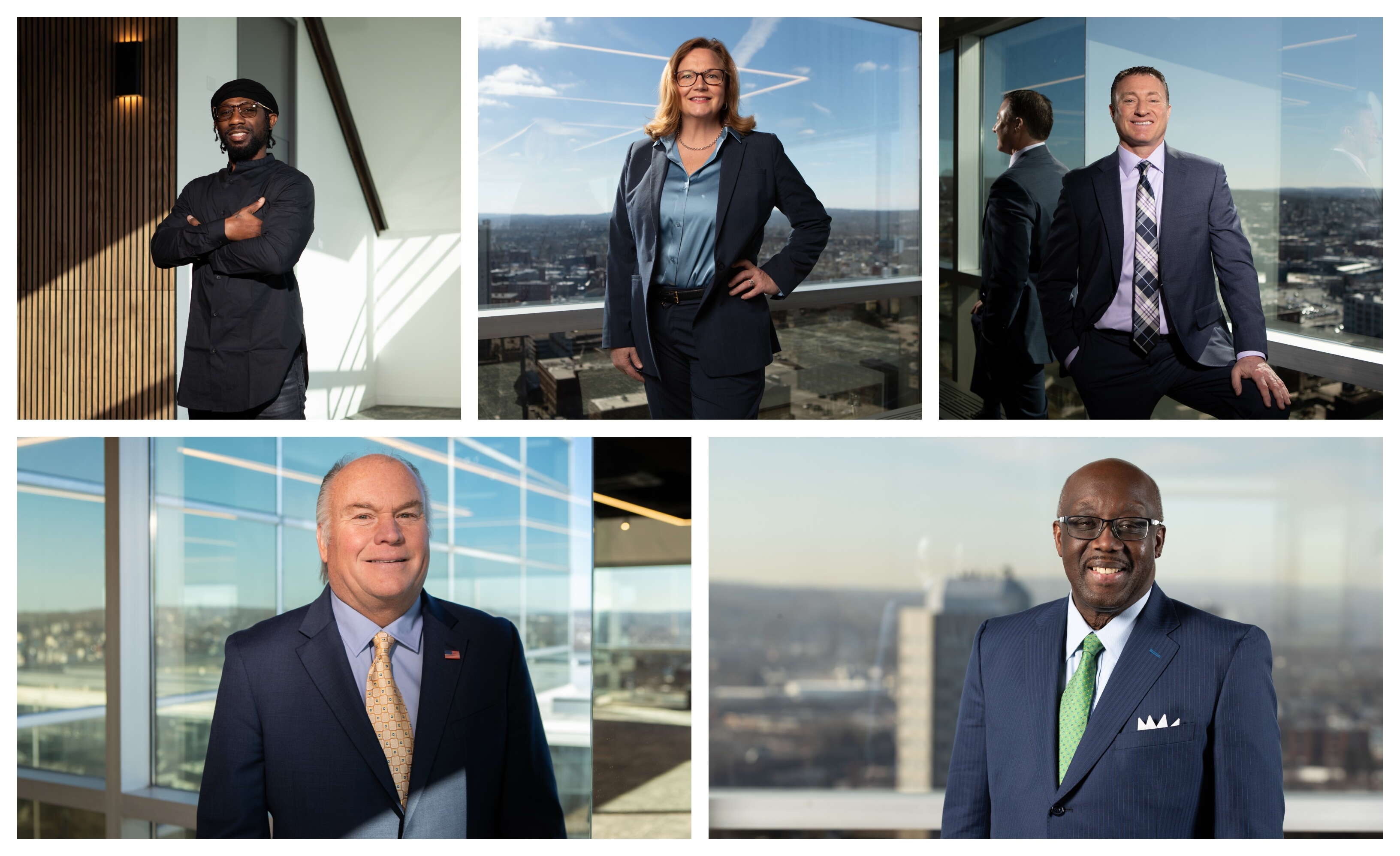 A collage of five business people dressed in business attire.