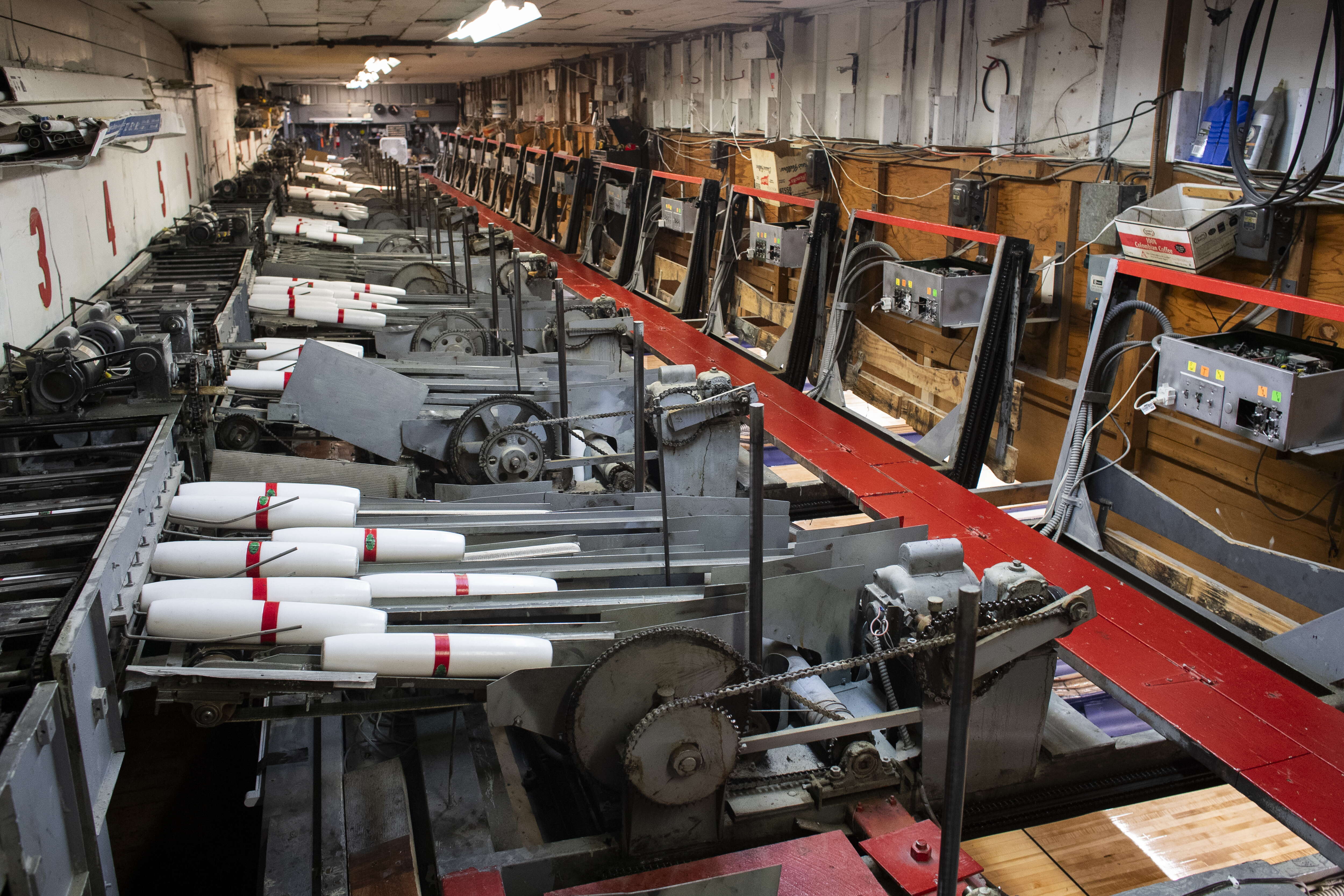 A room full of candlepin-related machinery. 