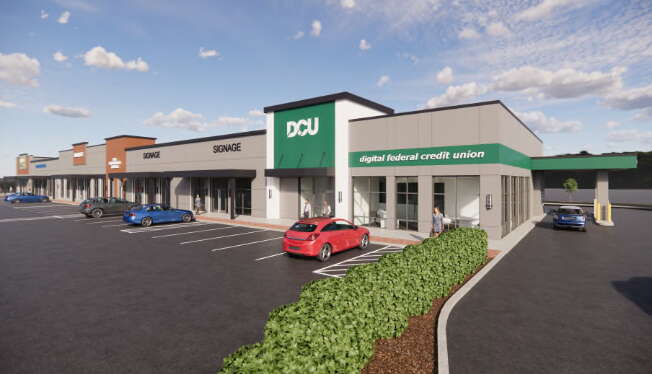Renderings of a bank and two retail spaces