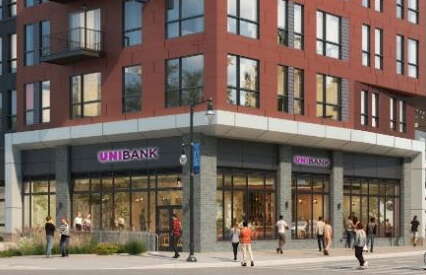 A rendering of a bank branch in a large mixed-use building