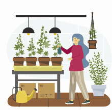 A cartoon image of a woman with long light blue hair tending to four potted plants on a table 