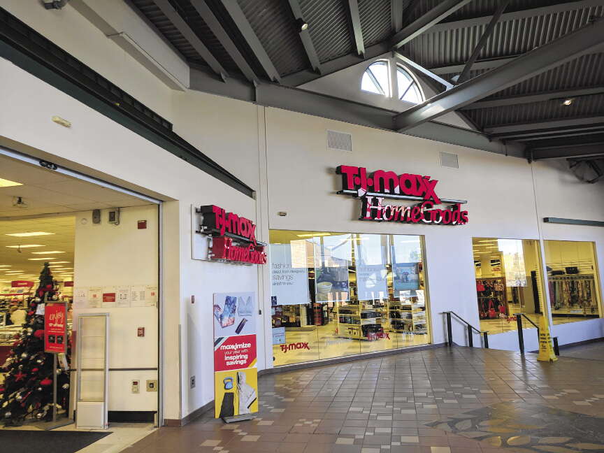 The outside of a T.J. Maxx/HomeGoods store inside a mall