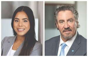 Side by side photos of a woman on the right with long black hair wearing a grey suit jacket and white top and a man on the left with slicked-back grey hair wearing a dark grey suit jacket, white button down, and light blue tie.