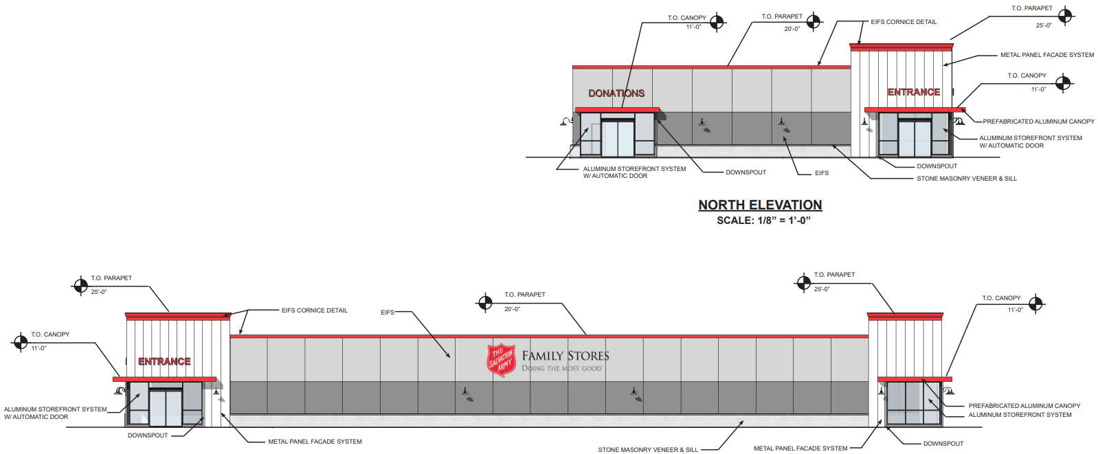 Architectural plans for a single-story retail building