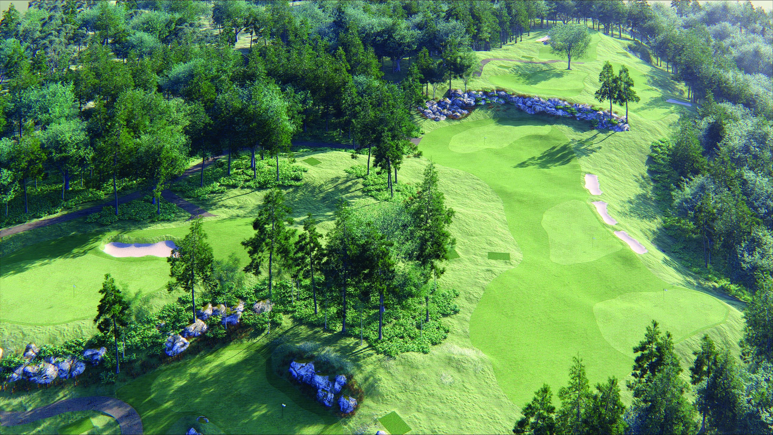 A rendering of a par-3 golf course in a wooded area