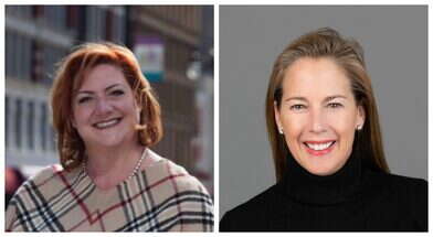Two side by side headshots of women. The woman on the right has red hair and wears a beige, black, white, and red plaid shawl. The woman on the right has grey and brown hair and wears a black turtleneck.
