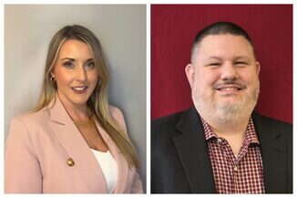 Two headshots side by side: the woman on the left has long blonde hair and wears a light pink blazer and the man on the right has dark brown hair and a grey beard and wears a black suit jacket and a red plaid shirt.