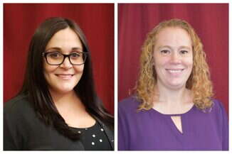 Two headshots side by side: A woman on the left has long straight dark brown hair, black glasses, a black blazer, and black polka-dot top and the woman on the right has curly blonde hair and wears a purple top.