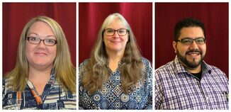 Three headshots side by side: the woman on the left has long blonde hair and wears a blue, white, and orange patterned shirt; the woman in the middle has long grey and white hair and wears a blue and white patterned shirt; the man on the right had dark short hair and a beard and wears a blue, purple, and white plaid shirt.