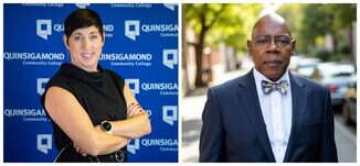 side by side headshots. The woman on the right has short, black, straight hair and wears a black top and the man on the right is bald and wears a dark blue suit jacket, white button down, and bowtie.