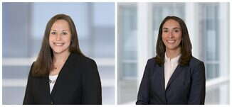 Headshots of two women. The woman on the left has straight, light brown hair and wears a black blazer and the woman on the right has straight, brown hair and wears a dark blue blazer.