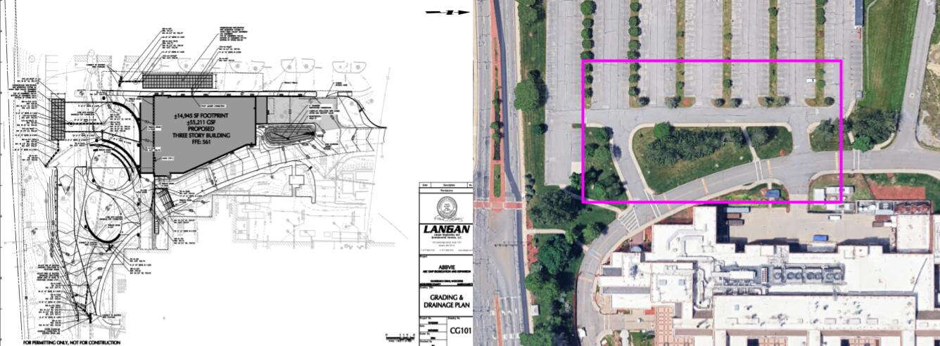 Building plans next to a satellite image of the site