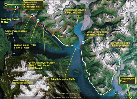 Map of bay showing plans for new dam and infrastructure