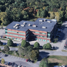 A satellite rendering of an office building