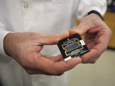 A pair of hands holding a small chip containing nanopen chambers