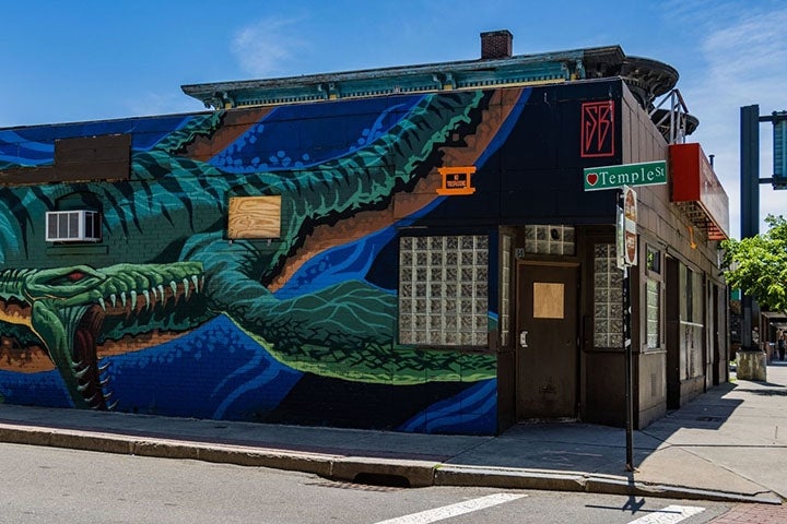 photo of single story building with brightly colored mural on the side