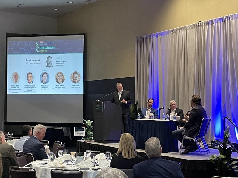 Panelists at the WBJ Life Sciences Forum at the DCU Center in Worcester