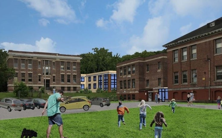 A graphic of brown brick buildings with a parking lot and children running through a grass lawn