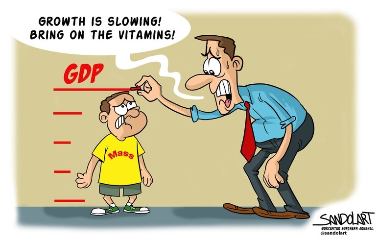An editorial cartoon where a man is measuring a boy, who symbolizes the Mass. economy.