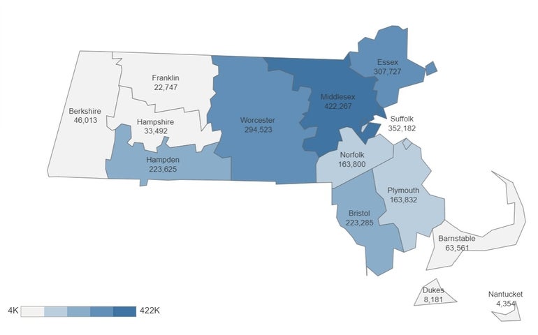 A chart showing MassHealth coverage by county. Middlesex county has the most, followed by Suffolk County and Worcester County
