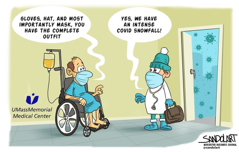 A cartoon of a patient at UMass Memorial Medical Center advising a healthcare provider to keep a mask on.