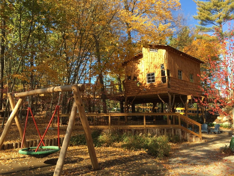 A wooded treehouse with a swing