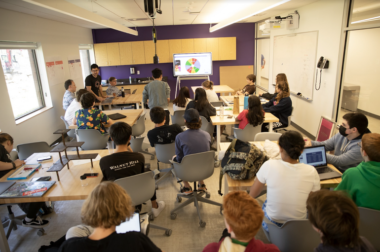 A group of students sitting in a classroom.