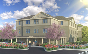 A rendering of a three story residential building