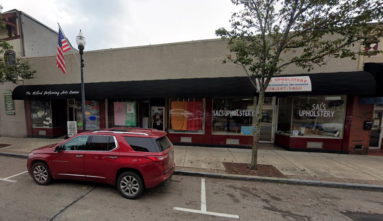 A small retail building in a suburban downtown area