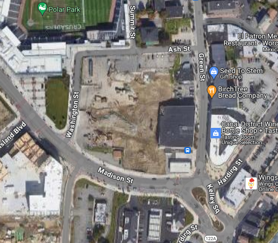 A satellite image of a construction site in Worcester
