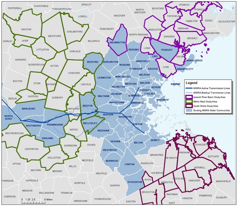 A map of the Eastern Massachusetts communities where the MWRA is considering expanding.