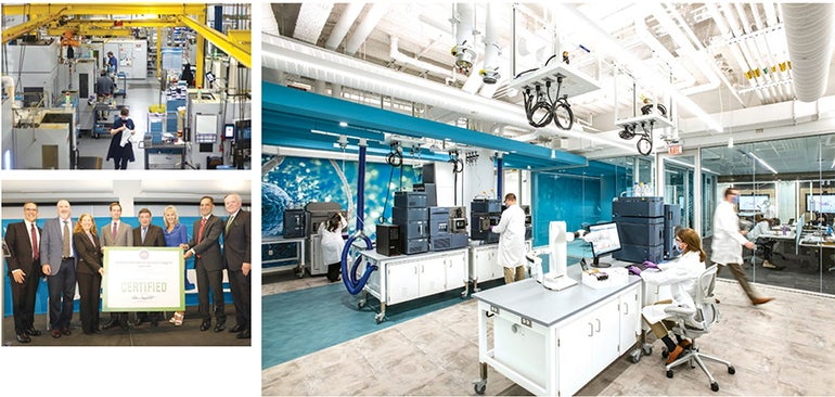 A collage of three photos showing the manufacturing operations of Waters Corp.