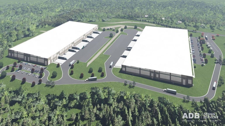 A rendering of two large industrial buildings