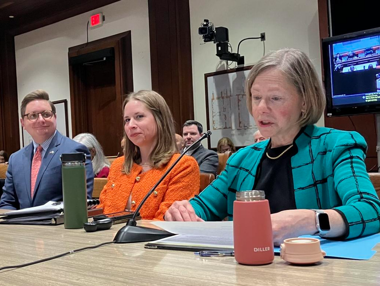 Three people sit at a table with a microphone