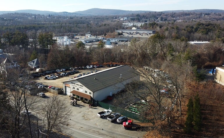 An aerial photo of a warehouse building