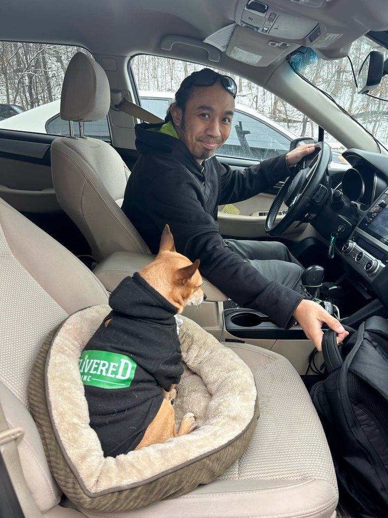 A person sits at the wheel of a car while a dog sits in a bed on the passenger seat.