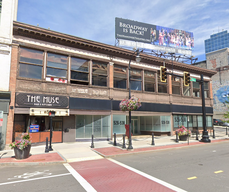 A downtown two-story building