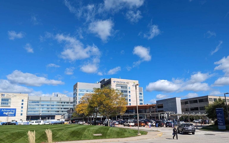 An expansive row of UMass Chan Medical buildings behind a grassy field with a couple trees
