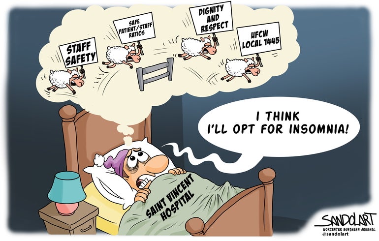 A scared cartoon man in bed wears a purple night cap with a dream bubble above his head of sheep jumping over a fence holding signs.
