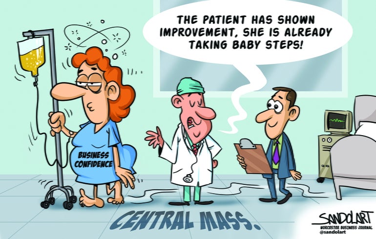 A cartoon of a patient with red hair wears a blue hospital gown holding an IV pole next to a male doctor wearing a green hat, white lab coat, and green pants speaking to a man with a blue suit, green button down, and purple tie holding a clip board, all inside a hospital room.