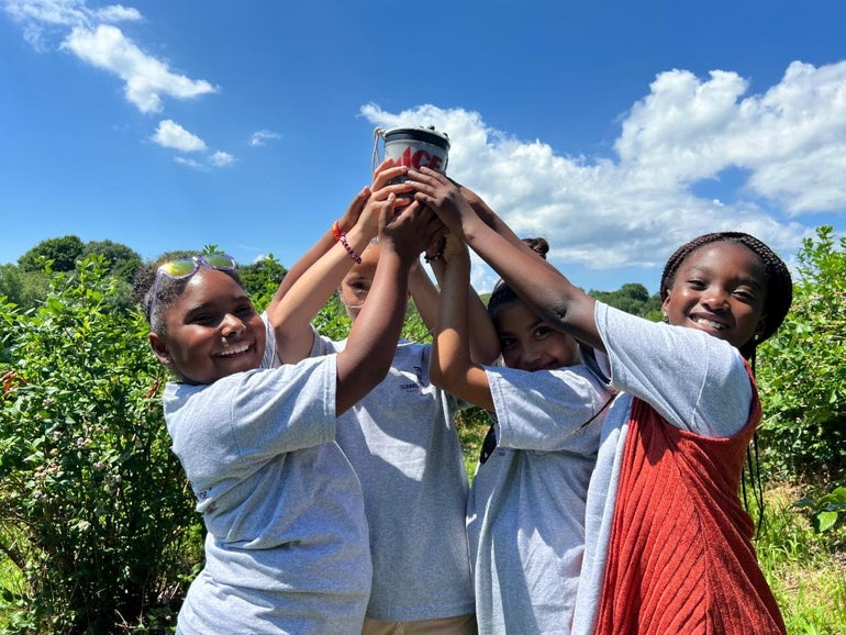 A group of four girls stand in a orchard all holding one can of blueberries above their heads.