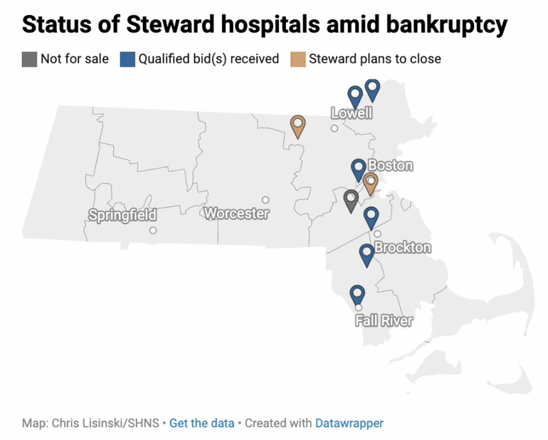 A grey map of Massachusetts with pinpoints on locations of Steward hospitals.
