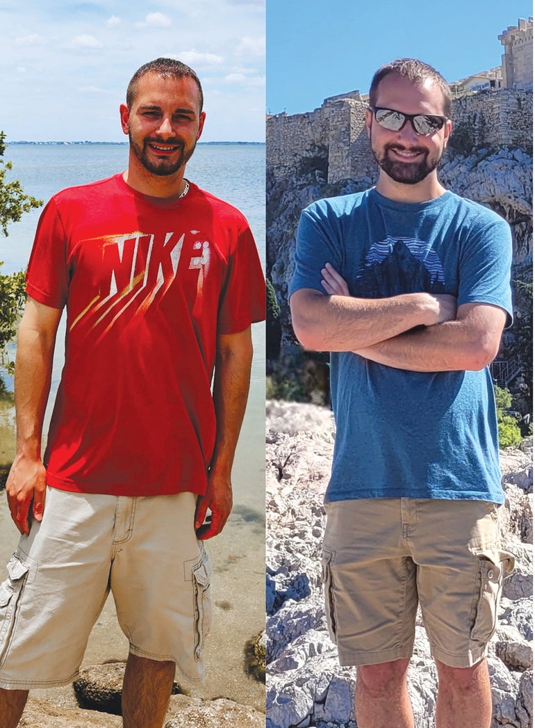 A side by side image of two men. The man on the left wears a red t-shirt and khaki shorts with his arms by his sides while the man on the right wheres sunglasses, a blue t-shirt, and khaki pants with his arms crossed.